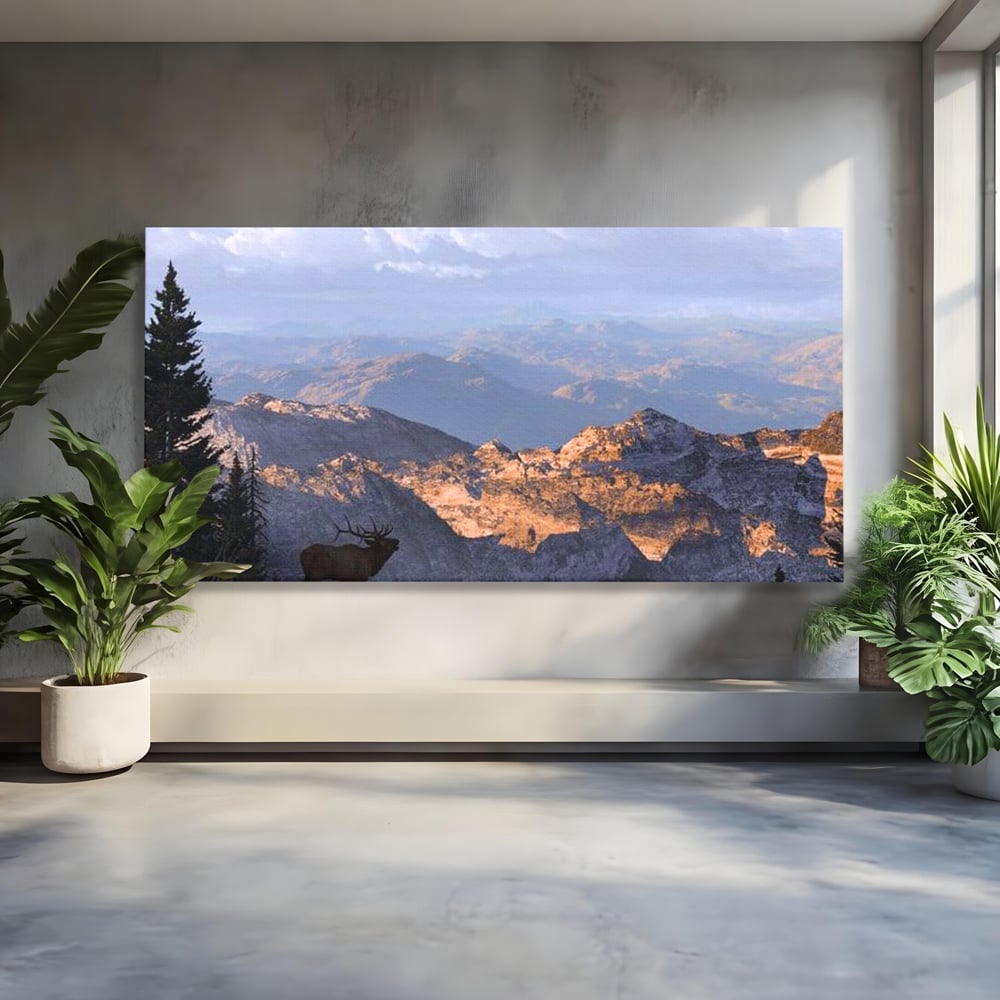 Tablou Canvas Premium, LuxCanva® M1245, Printre Nori si Stanci, Elan, Munti, Peisaj, Copaci, Apus, Natura, Mamifer, Orizont, Solitudine, Cer, Nori, Birou, Living, Camera Copil