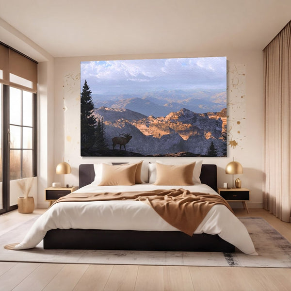 Tablou Canvas Premium, LuxCanva® M1245, Printre Nori si Stanci, Elan, Munti, Peisaj, Copaci, Apus, Natura, Mamifer, Orizont, Solitudine, Cer, Nori, Birou, Living, Camera Copil
