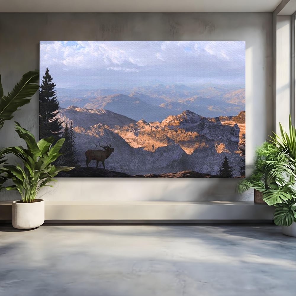 Tablou Canvas Premium, LuxCanva® M1245, Printre Nori si Stanci, Elan, Munti, Peisaj, Copaci, Apus, Natura, Mamifer, Orizont, Solitudine, Cer, Nori, Birou, Living, Camera Copil