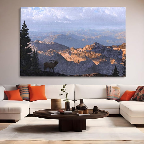 Tablou Canvas Premium, LuxCanva® M1245, Printre Nori si Stanci, Elan, Munti, Peisaj, Copaci, Apus, Natura, Mamifer, Orizont, Solitudine, Cer, Nori, Birou, Living, Camera Copil
