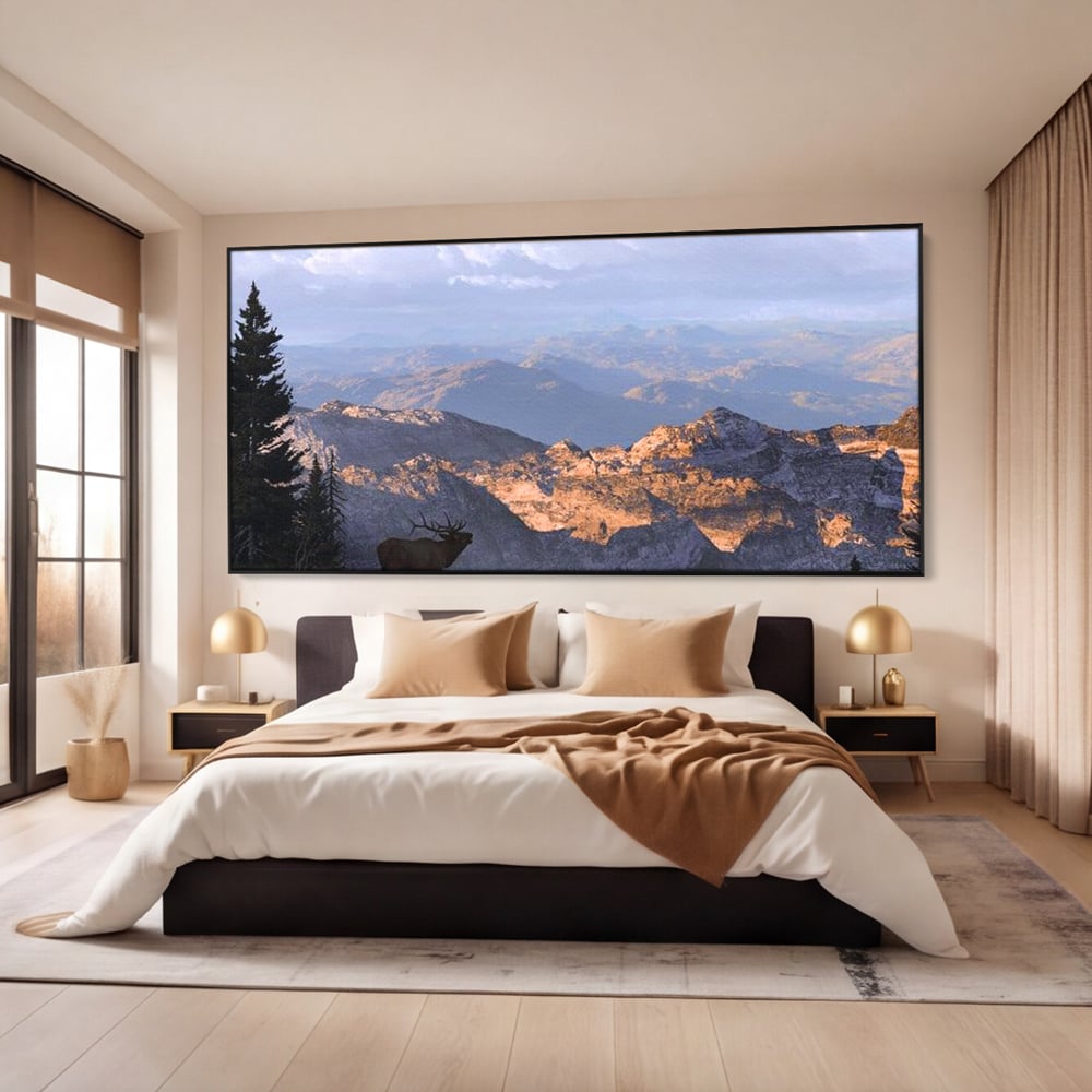 Tablou Canvas Premium, LuxCanva® M1245, Printre Nori si Stanci, Elan, Munti, Peisaj, Copaci, Apus, Natura, Mamifer, Orizont, Solitudine, Cer, Nori, Birou, Living, Camera Copil
