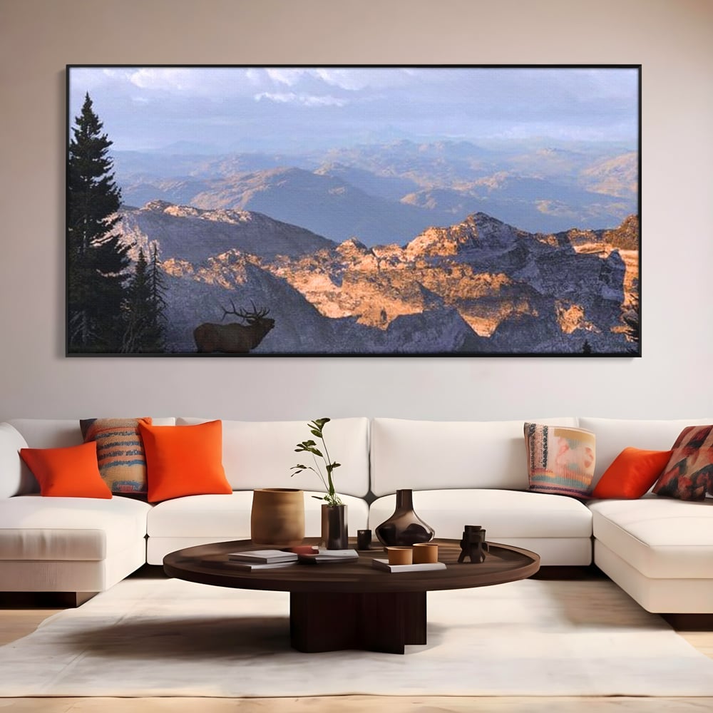 Tablou Canvas Premium, LuxCanva® M1245, Printre Nori si Stanci, Elan, Munti, Peisaj, Copaci, Apus, Natura, Mamifer, Orizont, Solitudine, Cer, Nori, Birou, Living, Camera Copil