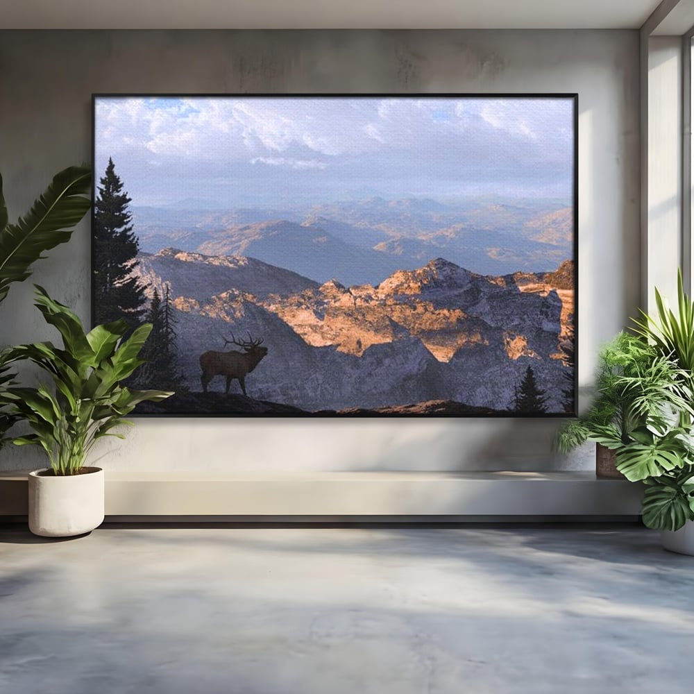 Tablou Canvas Premium, LuxCanva® M1245, Printre Nori si Stanci, Elan, Munti, Peisaj, Copaci, Apus, Natura, Mamifer, Orizont, Solitudine, Cer, Nori, Birou, Living, Camera Copil