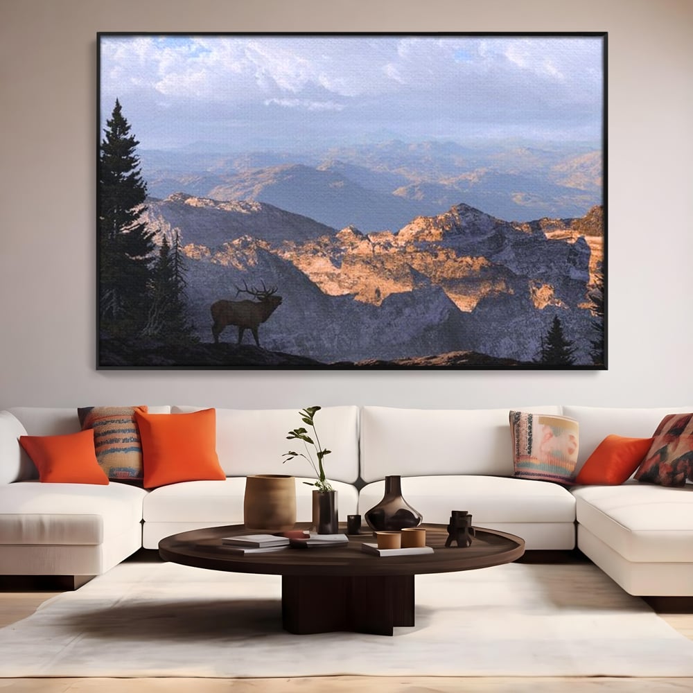 Tablou Canvas Premium, LuxCanva® M1245, Printre Nori si Stanci, Elan, Munti, Peisaj, Copaci, Apus, Natura, Mamifer, Orizont, Solitudine, Cer, Nori, Birou, Living, Camera Copil