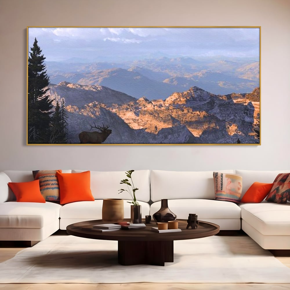 Tablou Canvas Premium, LuxCanva® M1245, Printre Nori si Stanci, Elan, Munti, Peisaj, Copaci, Apus, Natura, Mamifer, Orizont, Solitudine, Cer, Nori, Birou, Living, Camera Copil