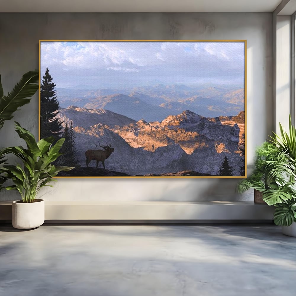 Tablou Canvas Premium, LuxCanva® M1245, Printre Nori si Stanci, Elan, Munti, Peisaj, Copaci, Apus, Natura, Mamifer, Orizont, Solitudine, Cer, Nori, Birou, Living, Camera Copil