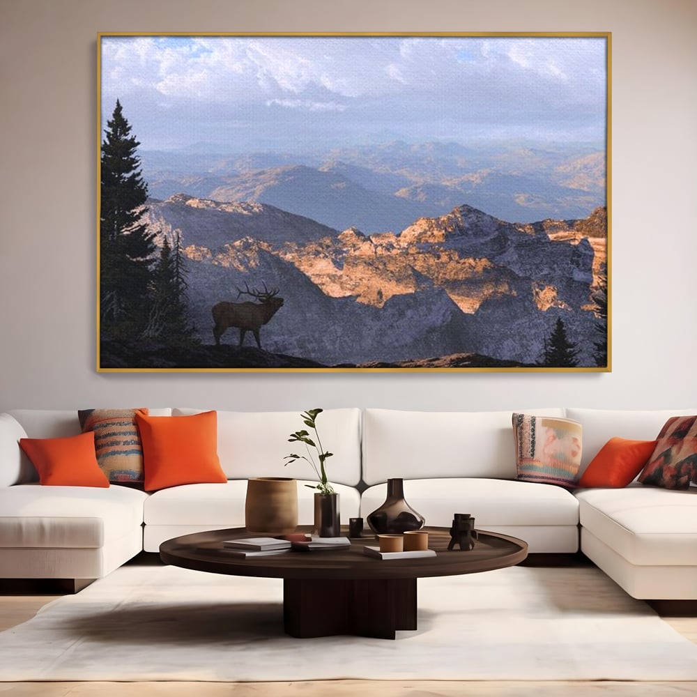 Tablou Canvas Premium, LuxCanva® M1245, Printre Nori si Stanci, Elan, Munti, Peisaj, Copaci, Apus, Natura, Mamifer, Orizont, Solitudine, Cer, Nori, Birou, Living, Camera Copil