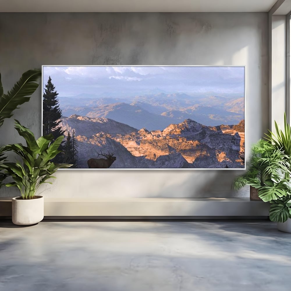 Tablou Canvas Premium, LuxCanva® M1245, Printre Nori si Stanci, Elan, Munti, Peisaj, Copaci, Apus, Natura, Mamifer, Orizont, Solitudine, Cer, Nori, Birou, Living, Camera Copil