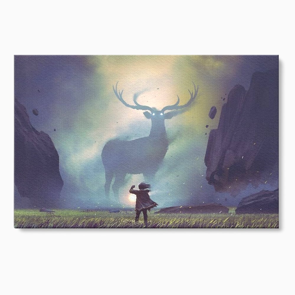 Tablou Canvas Premium, LuxCanva® M1246, Spiritul Codrului, Cerb, Spirit, Magie, Legenda, Padure, Copil, Lumina, Stanci, Mit, Aventura, Poveste, Birou, Living, Camera Copil