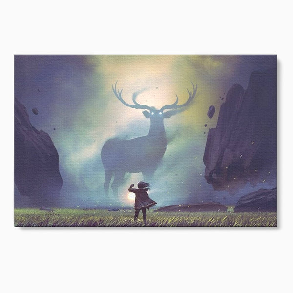 Tablou Canvas Premium, LuxCanva® M1246, Spiritul Codrului, Cerb, Spirit, Magie, Legenda, Padure, Copil, Lumina, Stanci, Mit, Aventura, Poveste, Birou, Living, Camera Copil