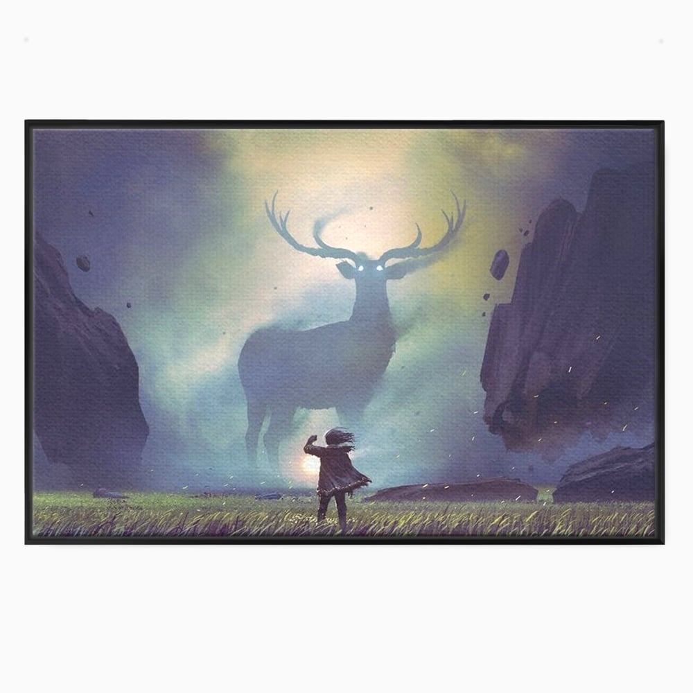 Tablou Canvas Premium, LuxCanva® M1246, Spiritul Codrului, Cerb, Spirit, Magie, Legenda, Padure, Copil, Lumina, Stanci, Mit, Aventura, Poveste, Birou, Living, Camera Copil
