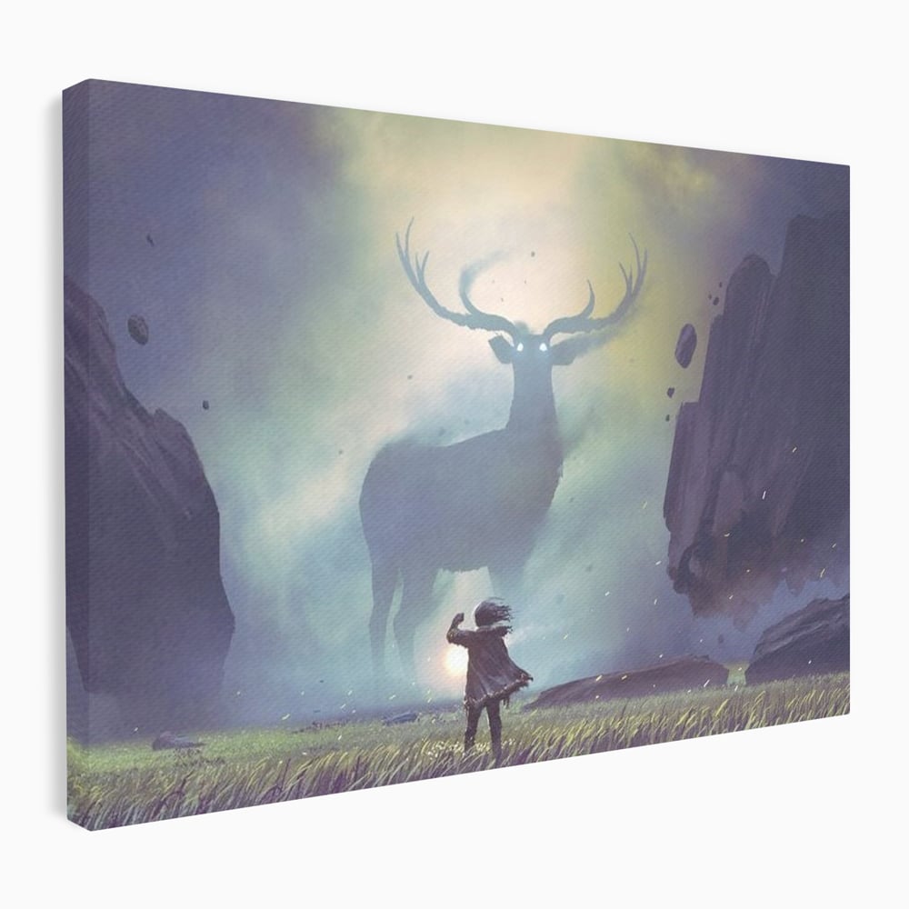 Tablou Canvas Premium, LuxCanva® M1246, Spiritul Codrului, Cerb, Spirit, Magie, Legenda, Padure, Copil, Lumina, Stanci, Mit, Aventura, Poveste, Birou, Living, Camera Copil