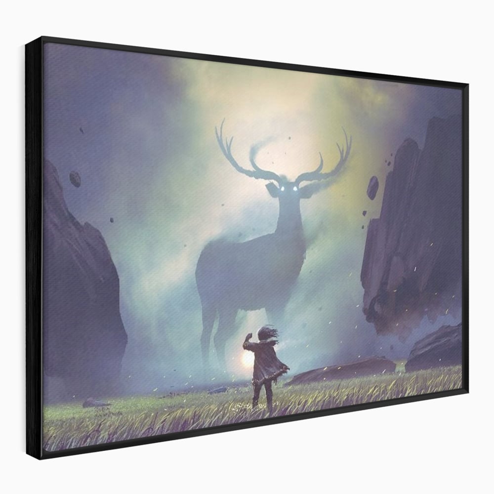 Tablou Canvas Premium, LuxCanva® M1246, Spiritul Codrului, Cerb, Spirit, Magie, Legenda, Padure, Copil, Lumina, Stanci, Mit, Aventura, Poveste, Birou, Living, Camera Copil