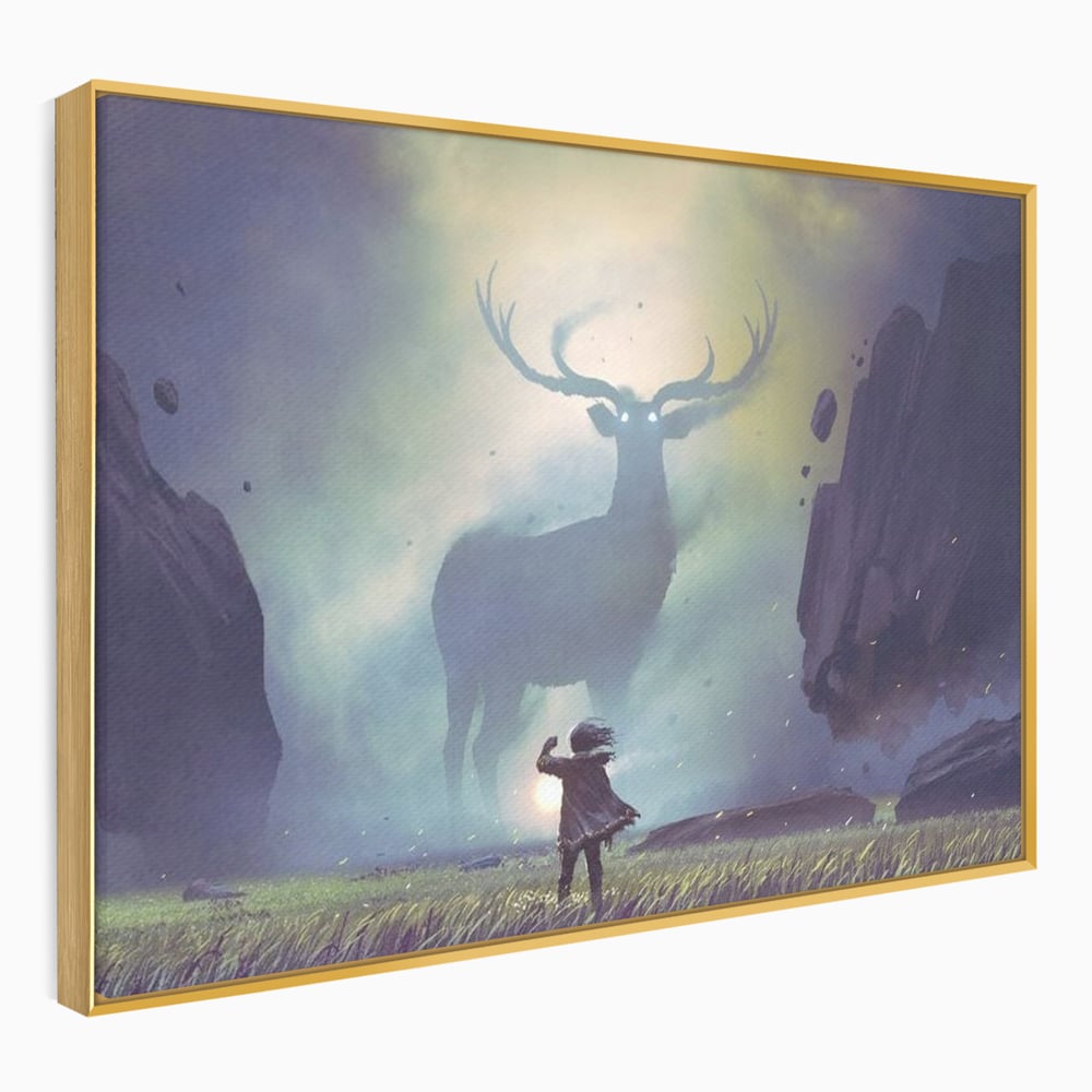 Tablou Canvas Premium, LuxCanva® M1246, Spiritul Codrului, Cerb, Spirit, Magie, Legenda, Padure, Copil, Lumina, Stanci, Mit, Aventura, Poveste, Birou, Living, Camera Copil