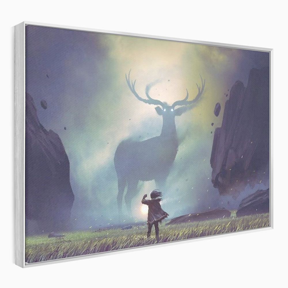 Tablou Canvas Premium, LuxCanva® M1246, Spiritul Codrului, Cerb, Spirit, Magie, Legenda, Padure, Copil, Lumina, Stanci, Mit, Aventura, Poveste, Birou, Living, Camera Copil