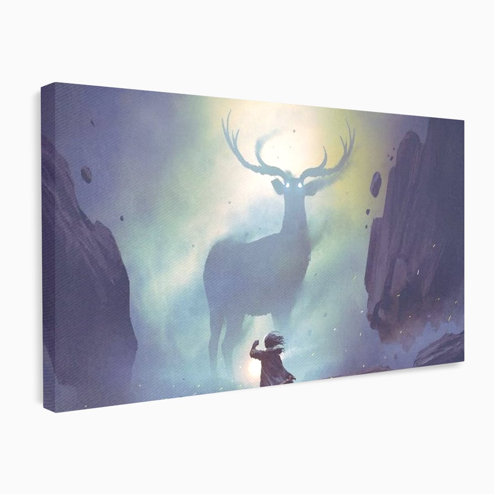 Tablou Canvas Premium, LuxCanva® M1246, Spiritul Codrului, Cerb, Spirit, Magie, Legenda, Padure, Copil, Lumina, Stanci, Mit, Aventura, Poveste, Birou, Living, Camera Copil