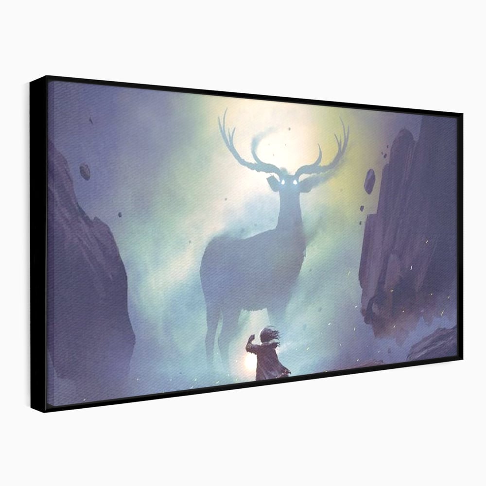 Tablou Canvas Premium, LuxCanva® M1246, Spiritul Codrului, Cerb, Spirit, Magie, Legenda, Padure, Copil, Lumina, Stanci, Mit, Aventura, Poveste, Birou, Living, Camera Copil