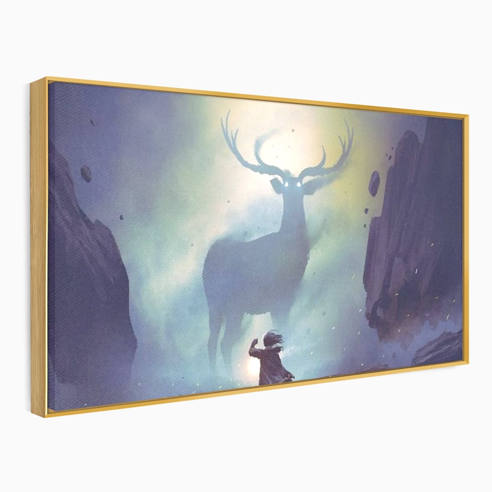 Tablou Canvas Premium, LuxCanva® M1246, Spiritul Codrului, Cerb, Spirit, Magie, Legenda, Padure, Copil, Lumina, Stanci, Mit, Aventura, Poveste, Birou, Living, Camera Copil