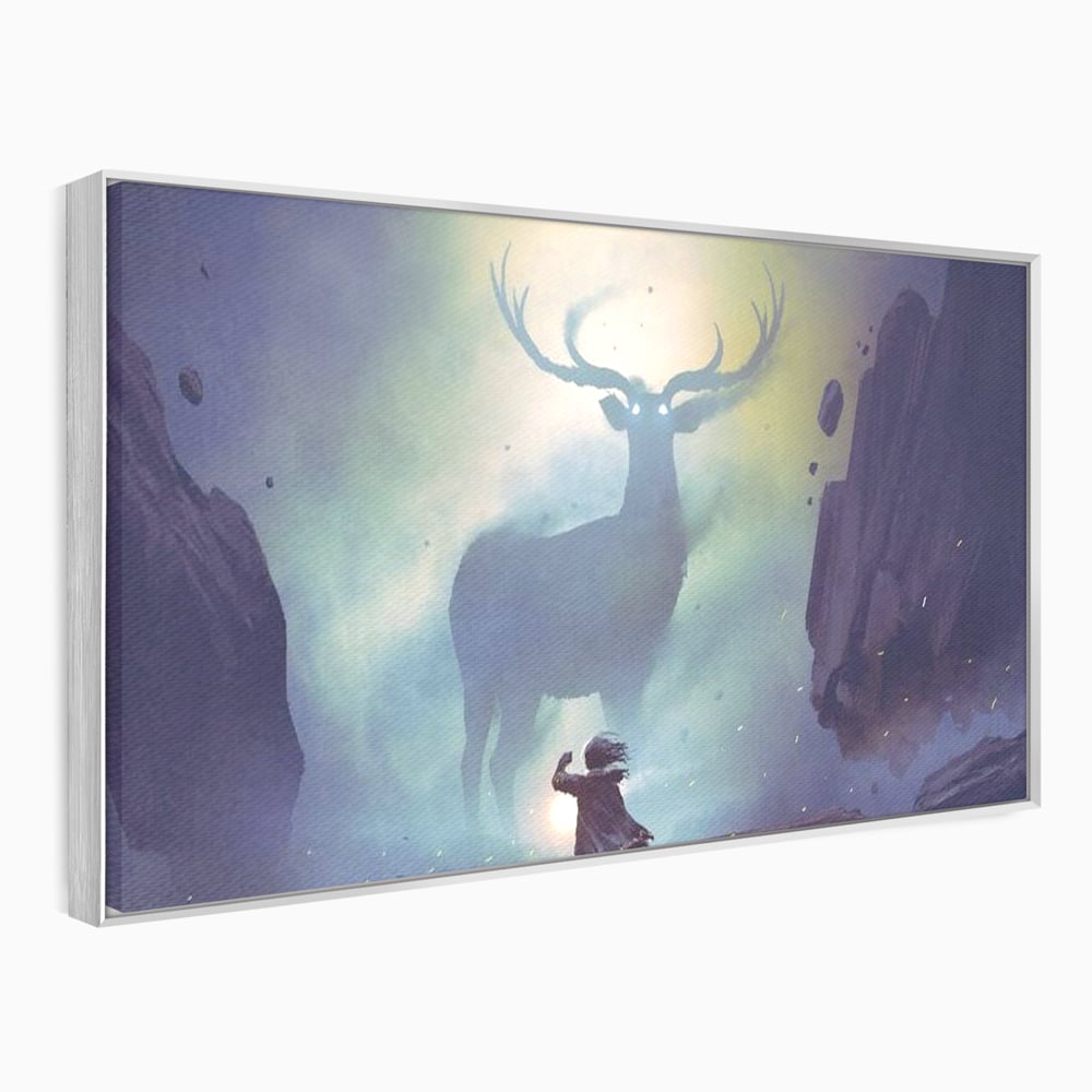 Tablou Canvas Premium, LuxCanva® M1246, Spiritul Codrului, Cerb, Spirit, Magie, Legenda, Padure, Copil, Lumina, Stanci, Mit, Aventura, Poveste, Birou, Living, Camera Copil