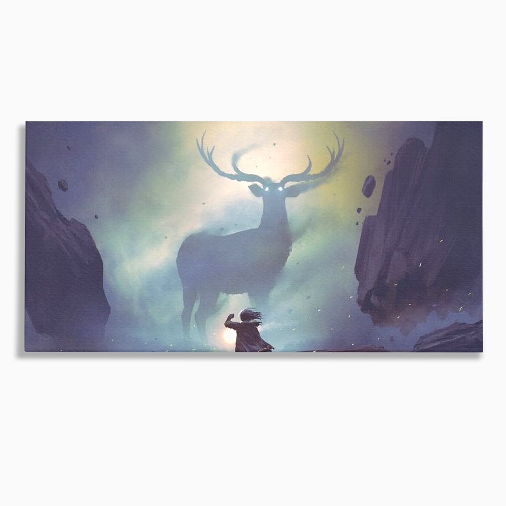 Tablou Canvas Premium, LuxCanva® M1246, Spiritul Codrului, Cerb, Spirit, Magie, Legenda, Padure, Copil, Lumina, Stanci, Mit, Aventura, Poveste, Birou, Living, Camera Copil