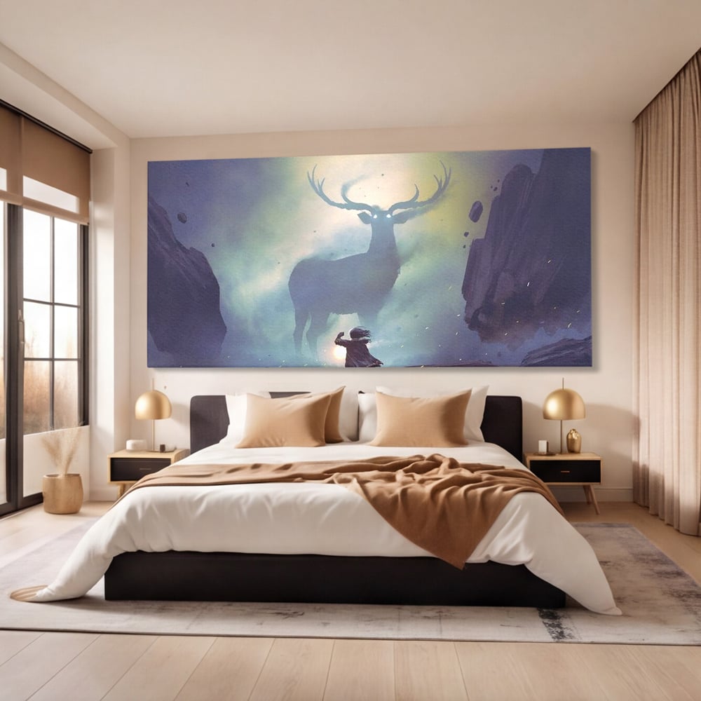 Tablou Canvas Premium, LuxCanva® M1246, Spiritul Codrului, Cerb, Spirit, Magie, Legenda, Padure, Copil, Lumina, Stanci, Mit, Aventura, Poveste, Birou, Living, Camera Copil