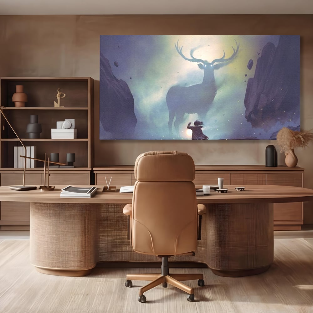 Tablou Canvas Premium, LuxCanva® M1246, Spiritul Codrului, Cerb, Spirit, Magie, Legenda, Padure, Copil, Lumina, Stanci, Mit, Aventura, Poveste, Birou, Living, Camera Copil