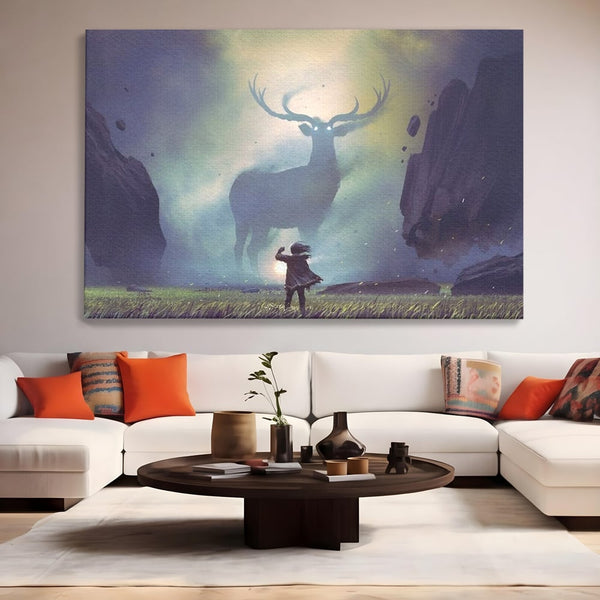 Tablou Canvas Premium, LuxCanva® M1246, Spiritul Codrului, Cerb, Spirit, Magie, Legenda, Padure, Copil, Lumina, Stanci, Mit, Aventura, Poveste, Birou, Living, Camera Copil