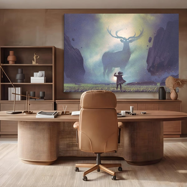 Tablou Canvas Premium, LuxCanva® M1246, Spiritul Codrului, Cerb, Spirit, Magie, Legenda, Padure, Copil, Lumina, Stanci, Mit, Aventura, Poveste, Birou, Living, Camera Copil