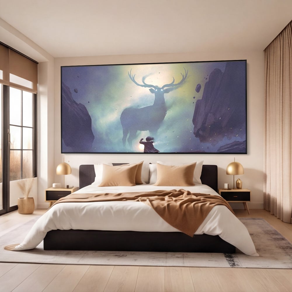 Tablou Canvas Premium, LuxCanva® M1246, Spiritul Codrului, Cerb, Spirit, Magie, Legenda, Padure, Copil, Lumina, Stanci, Mit, Aventura, Poveste, Birou, Living, Camera Copil