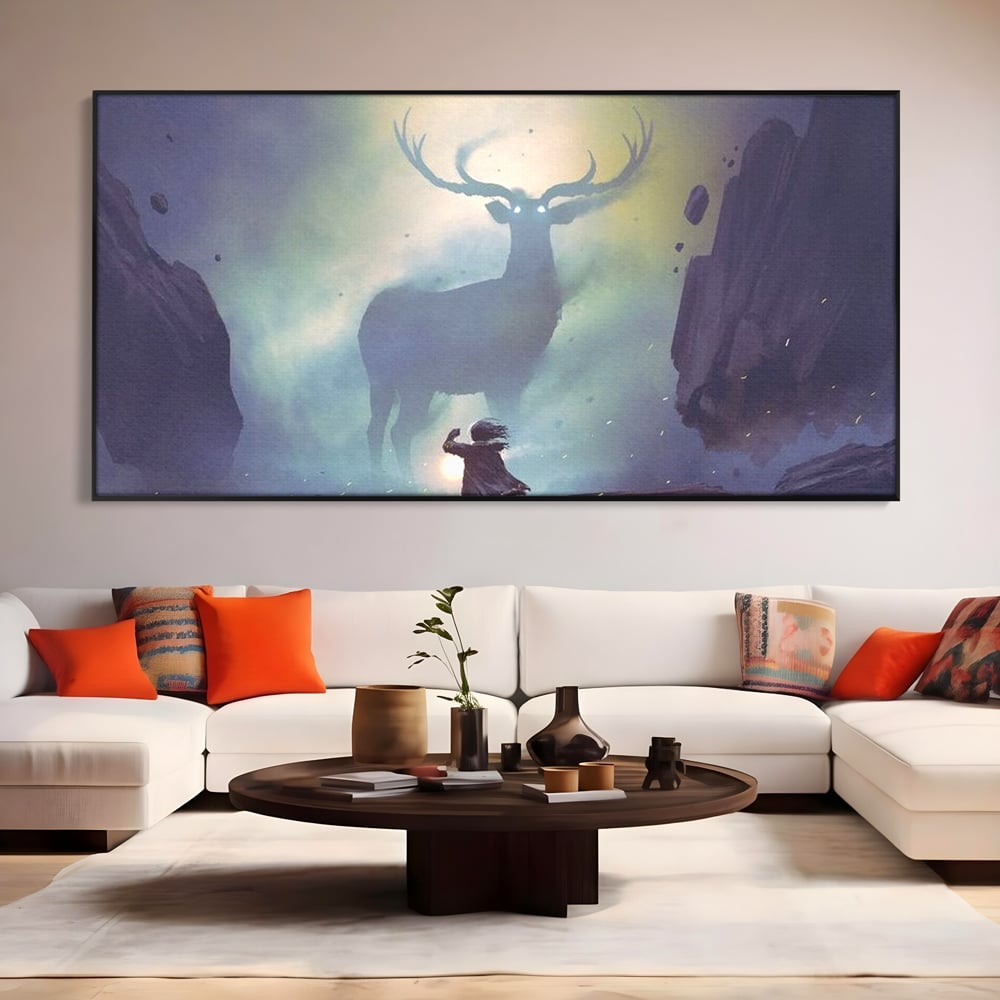 Tablou Canvas Premium, LuxCanva® M1246, Spiritul Codrului, Cerb, Spirit, Magie, Legenda, Padure, Copil, Lumina, Stanci, Mit, Aventura, Poveste, Birou, Living, Camera Copil