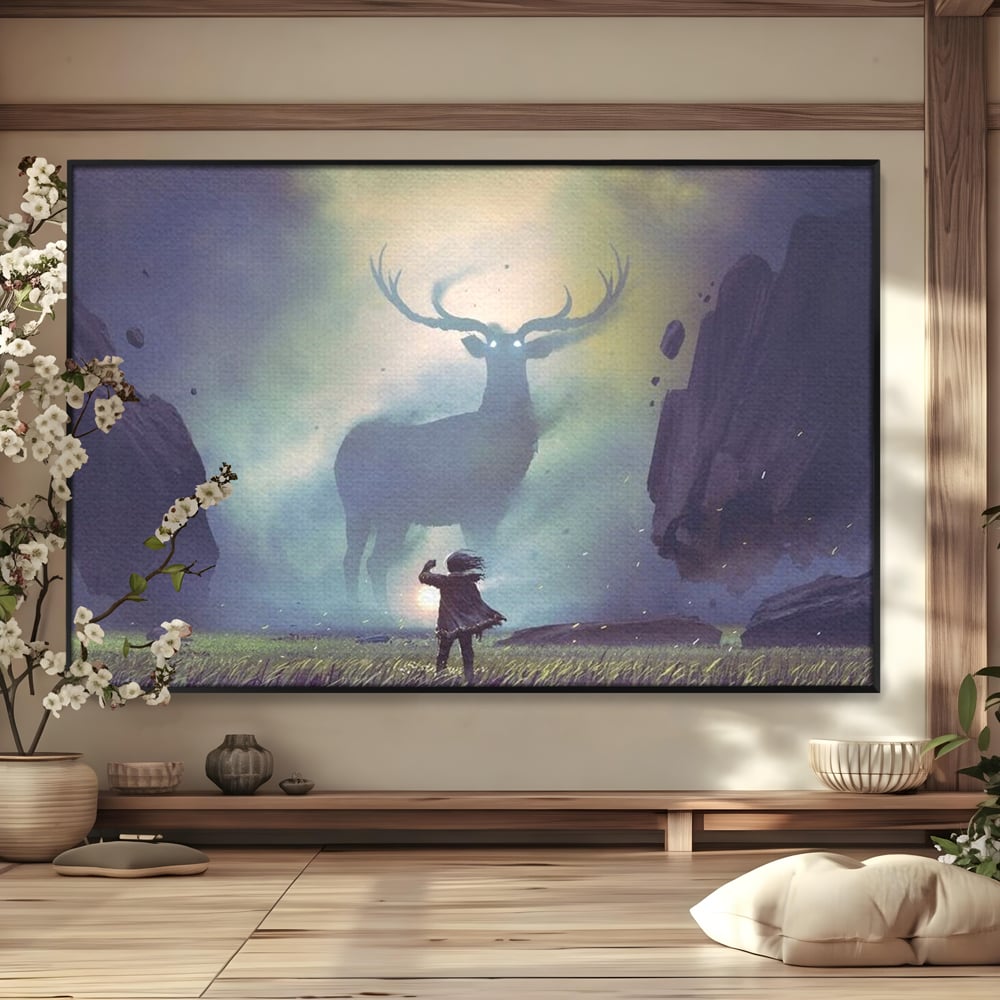 Tablou Canvas Premium, LuxCanva® M1246, Spiritul Codrului, Cerb, Spirit, Magie, Legenda, Padure, Copil, Lumina, Stanci, Mit, Aventura, Poveste, Birou, Living, Camera Copil