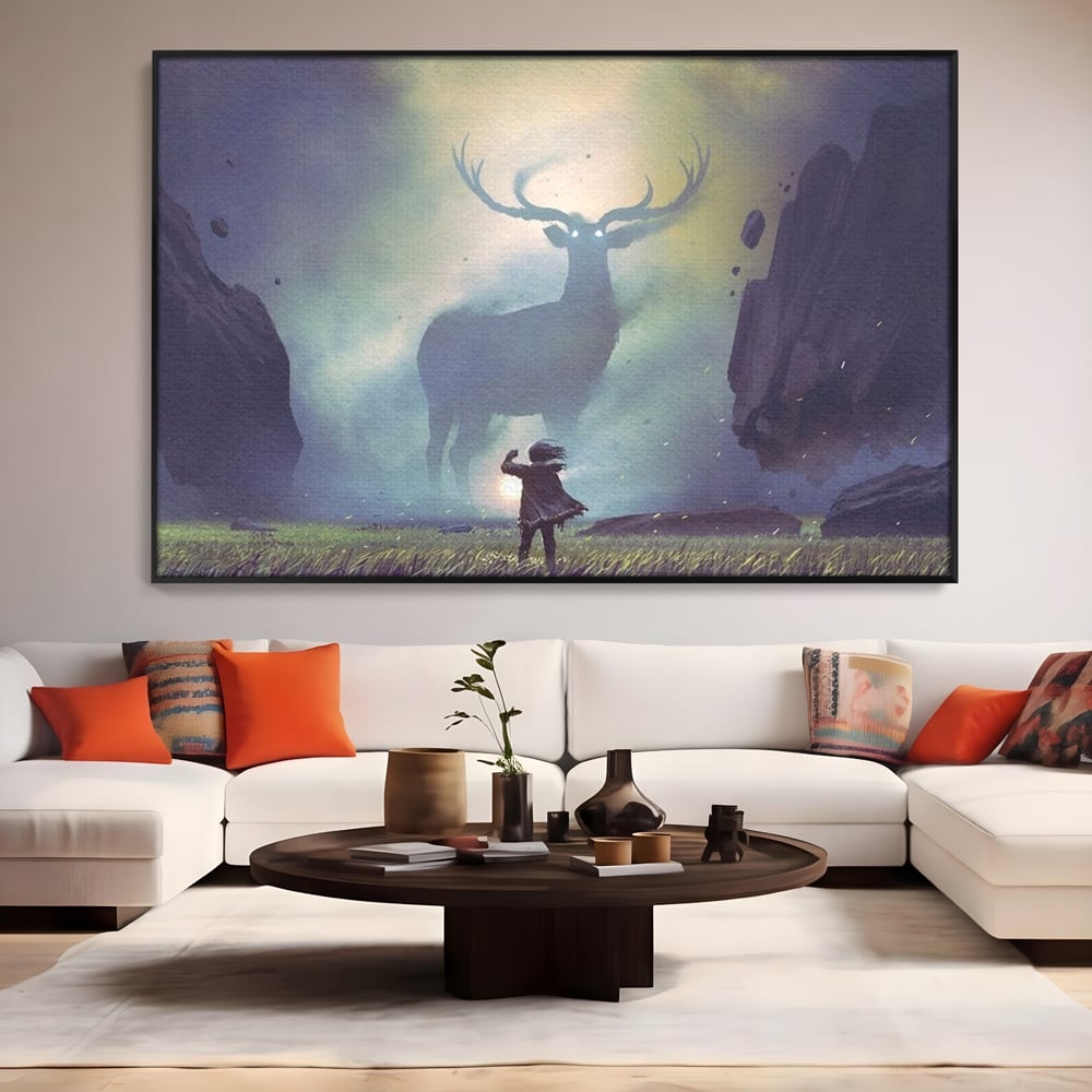 Tablou Canvas Premium, LuxCanva® M1246, Spiritul Codrului, Cerb, Spirit, Magie, Legenda, Padure, Copil, Lumina, Stanci, Mit, Aventura, Poveste, Birou, Living, Camera Copil