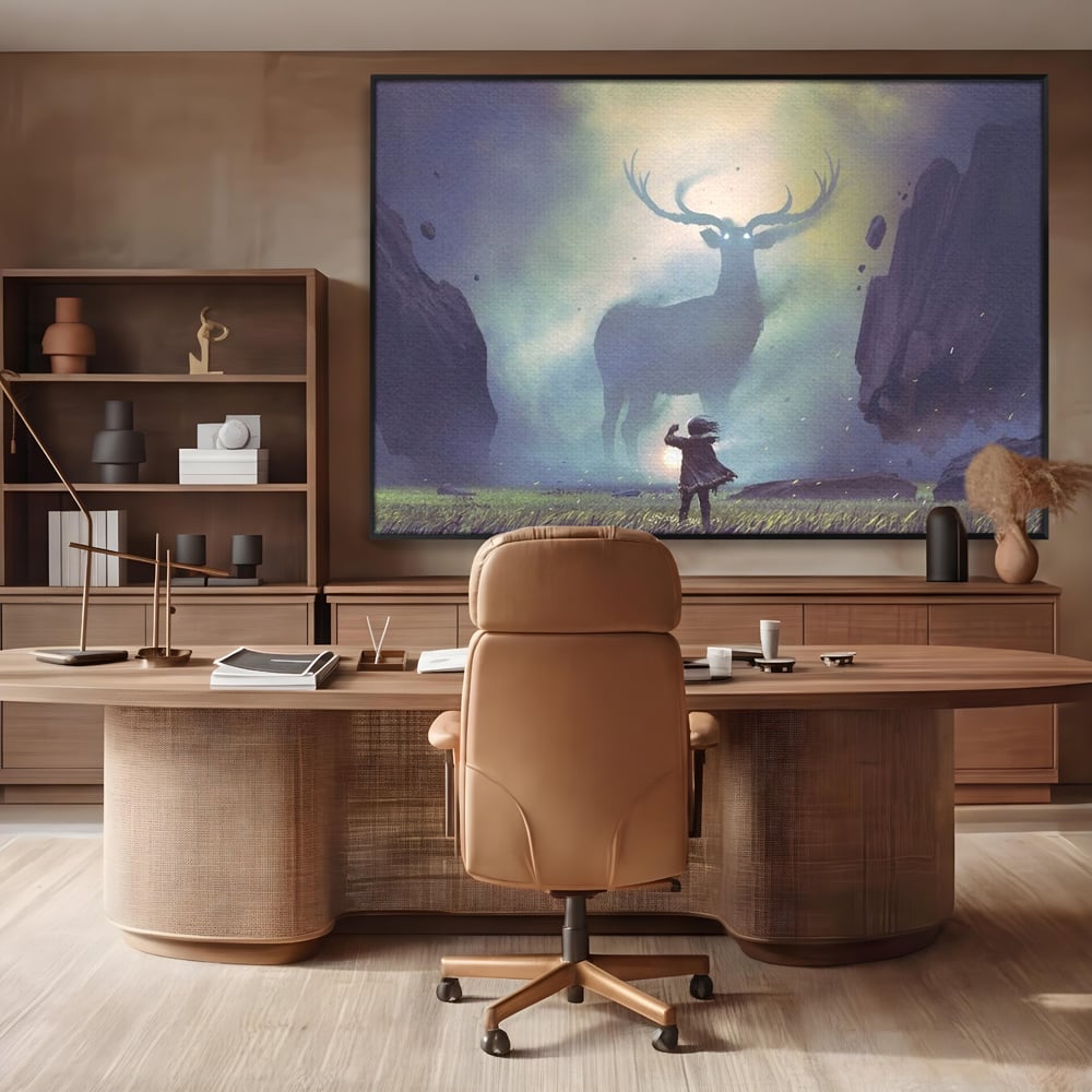 Tablou Canvas Premium, LuxCanva® M1246, Spiritul Codrului, Cerb, Spirit, Magie, Legenda, Padure, Copil, Lumina, Stanci, Mit, Aventura, Poveste, Birou, Living, Camera Copil