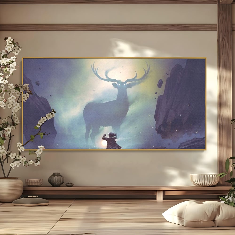 Tablou Canvas Premium, LuxCanva® M1246, Spiritul Codrului, Cerb, Spirit, Magie, Legenda, Padure, Copil, Lumina, Stanci, Mit, Aventura, Poveste, Birou, Living, Camera Copil