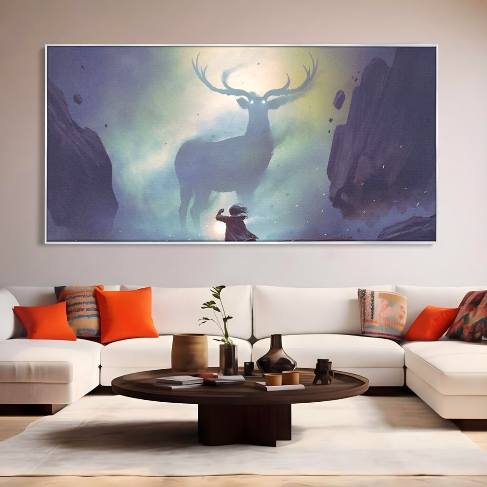 Tablou Canvas Premium, LuxCanva® M1246, Spiritul Codrului, Cerb, Spirit, Magie, Legenda, Padure, Copil, Lumina, Stanci, Mit, Aventura, Poveste, Birou, Living, Camera Copil