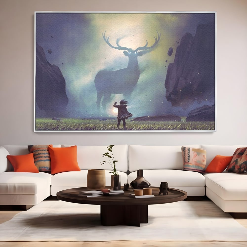 Tablou Canvas Premium, LuxCanva® M1246, Spiritul Codrului, Cerb, Spirit, Magie, Legenda, Padure, Copil, Lumina, Stanci, Mit, Aventura, Poveste, Birou, Living, Camera Copil