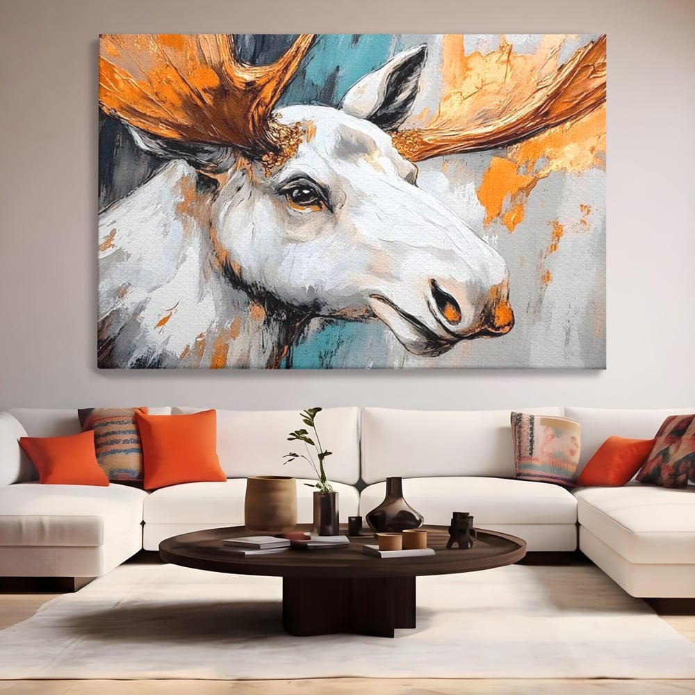 Tablou Canvas Premium, LuxCanva® M1248, Chemarea Nordului, Elan, Tundra, Nordic, Arctic, Mamifer, Coarne, Portret, Animal, Pictura, Magnific, Birou, Living, Camera Copil