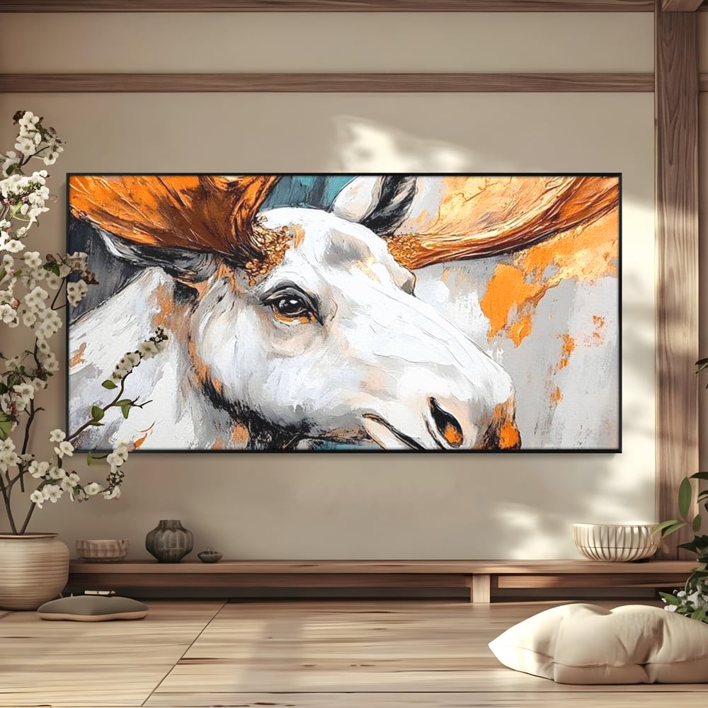 Tablou Canvas Premium, LuxCanva® M1248, Chemarea Nordului, Elan, Tundra, Nordic, Arctic, Mamifer, Coarne, Portret, Animal, Pictura, Magnific, Birou, Living, Camera Copil
