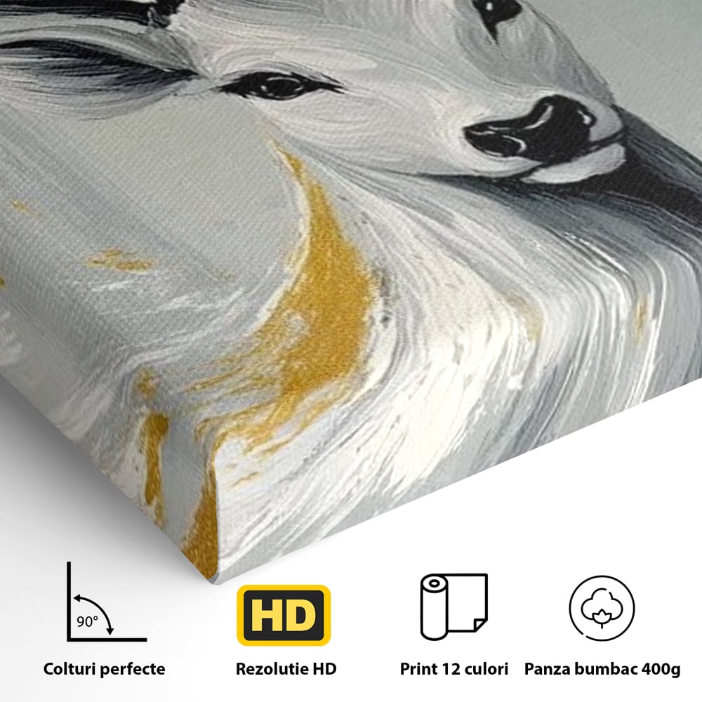 Tablou Canvas Premium, LuxCanva® M1249, Sufletul Alb al Padurii, Cerb, Auriu, Pictura, Alb, Eteric, Artistic, Oniric, Elegant, Nobil, Portret, Coarne, Birou, Living, Camera Copil