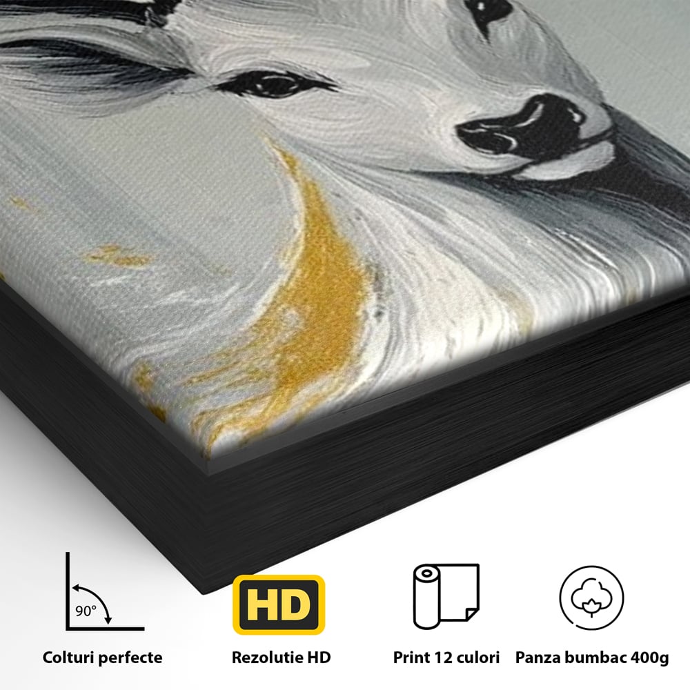 Tablou Canvas Premium, LuxCanva® M1249, Sufletul Alb al Padurii, Cerb, Auriu, Pictura, Alb, Eteric, Artistic, Oniric, Elegant, Nobil, Portret, Coarne, Birou, Living, Camera Copil