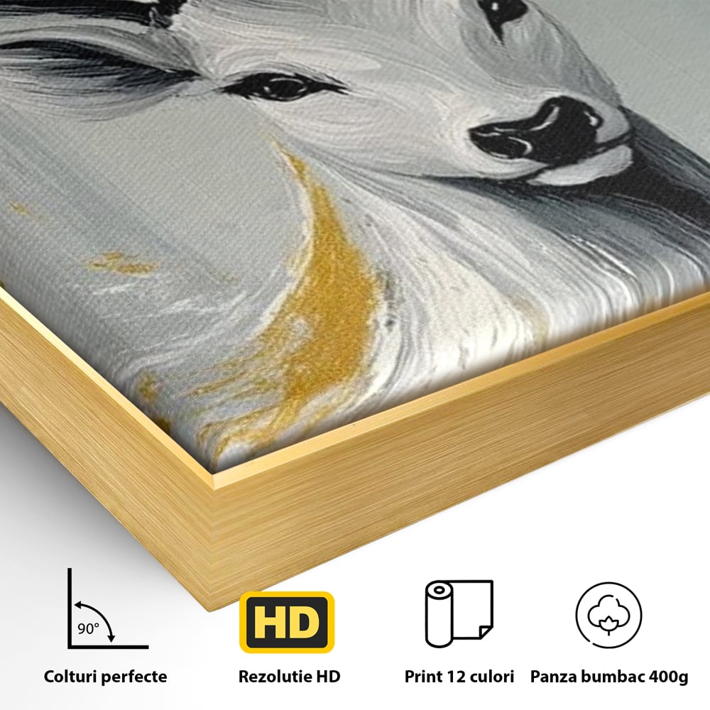 Tablou Canvas Premium, LuxCanva® M1249, Sufletul Alb al Padurii, Cerb, Auriu, Pictura, Alb, Eteric, Artistic, Oniric, Elegant, Nobil, Portret, Coarne, Birou, Living, Camera Copil