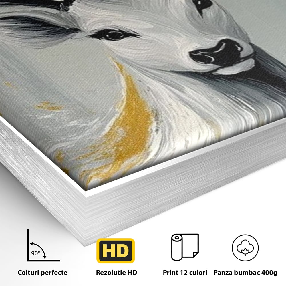 Tablou Canvas Premium, LuxCanva® M1249, Sufletul Alb al Padurii, Cerb, Auriu, Pictura, Alb, Eteric, Artistic, Oniric, Elegant, Nobil, Portret, Coarne, Birou, Living, Camera Copil
