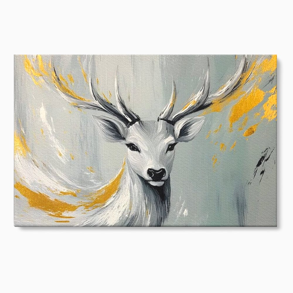 Tablou Canvas Premium, LuxCanva® M1249, Sufletul Alb al Padurii, Cerb, Auriu, Pictura, Alb, Eteric, Artistic, Oniric, Elegant, Nobil, Portret, Coarne, Birou, Living, Camera Copil