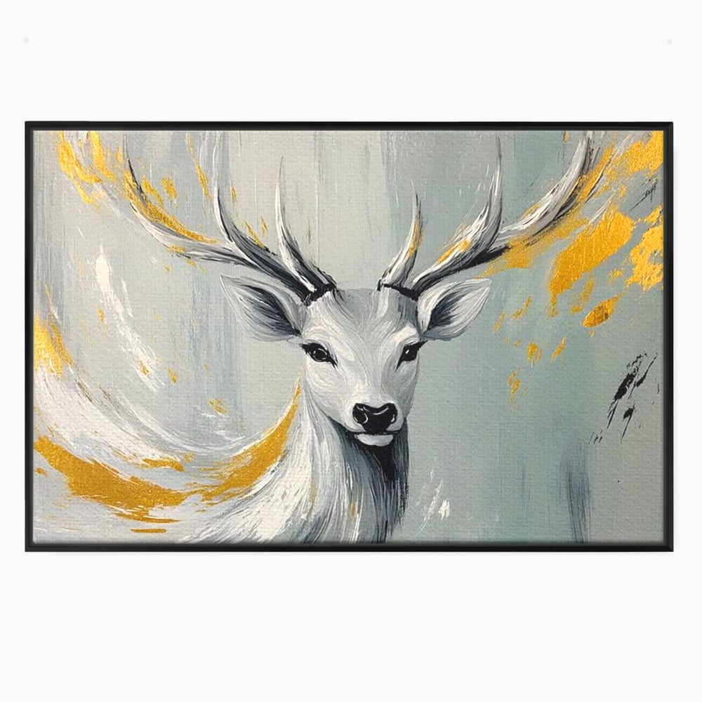 Tablou Canvas Premium, LuxCanva® M1249, Sufletul Alb al Padurii, Cerb, Auriu, Pictura, Alb, Eteric, Artistic, Oniric, Elegant, Nobil, Portret, Coarne, Birou, Living, Camera Copil