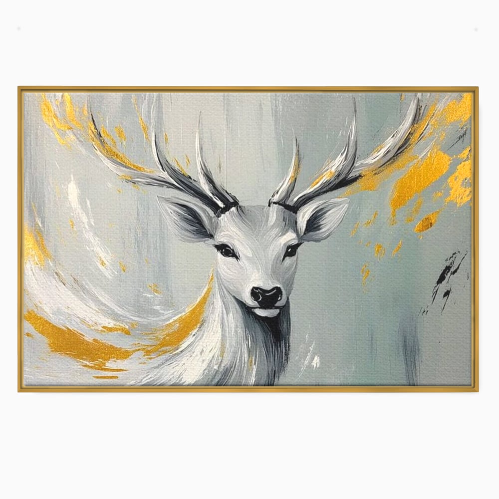 Tablou Canvas Premium, LuxCanva® M1249, Sufletul Alb al Padurii, Cerb, Auriu, Pictura, Alb, Eteric, Artistic, Oniric, Elegant, Nobil, Portret, Coarne, Birou, Living, Camera Copil