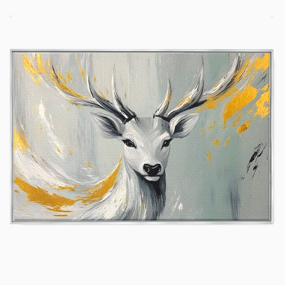 Tablou Canvas Premium, LuxCanva® M1249, Sufletul Alb al Padurii, Cerb, Auriu, Pictura, Alb, Eteric, Artistic, Oniric, Elegant, Nobil, Portret, Coarne, Birou, Living, Camera Copil