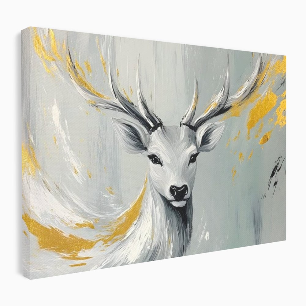 Tablou Canvas Premium, LuxCanva® M1249, Sufletul Alb al Padurii, Cerb, Auriu, Pictura, Alb, Eteric, Artistic, Oniric, Elegant, Nobil, Portret, Coarne, Birou, Living, Camera Copil
