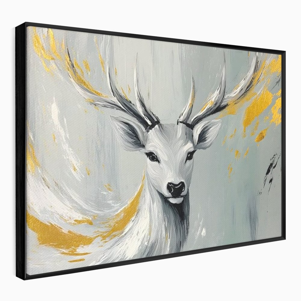 Tablou Canvas Premium, LuxCanva® M1249, Sufletul Alb al Padurii, Cerb, Auriu, Pictura, Alb, Eteric, Artistic, Oniric, Elegant, Nobil, Portret, Coarne, Birou, Living, Camera Copil