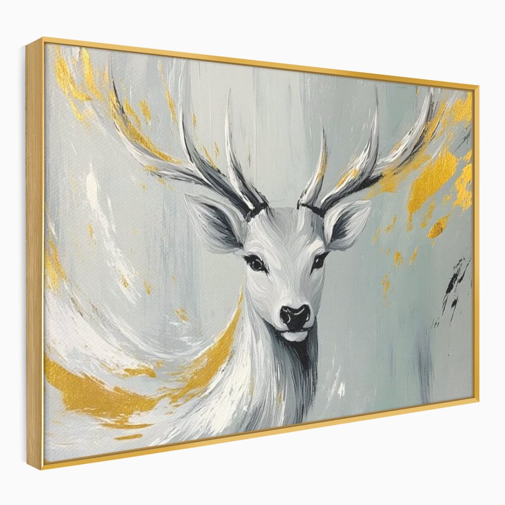 Tablou Canvas Premium, LuxCanva® M1249, Sufletul Alb al Padurii, Cerb, Auriu, Pictura, Alb, Eteric, Artistic, Oniric, Elegant, Nobil, Portret, Coarne, Birou, Living, Camera Copil