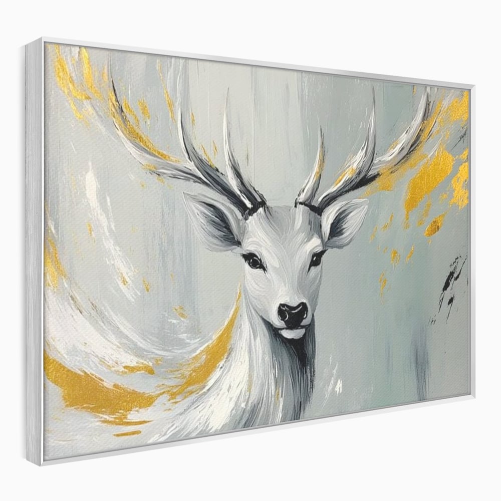 Tablou Canvas Premium, LuxCanva® M1249, Sufletul Alb al Padurii, Cerb, Auriu, Pictura, Alb, Eteric, Artistic, Oniric, Elegant, Nobil, Portret, Coarne, Birou, Living, Camera Copil